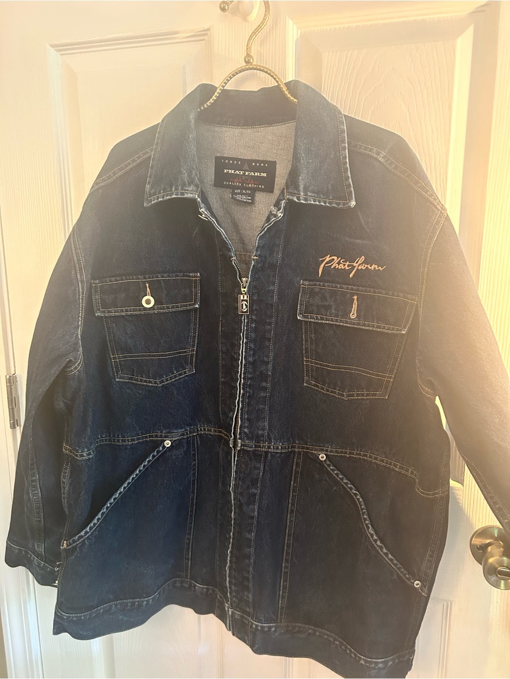 Phat Farm Men's Indigo Denim Zip-Front Jacket with Chest Embroidery
